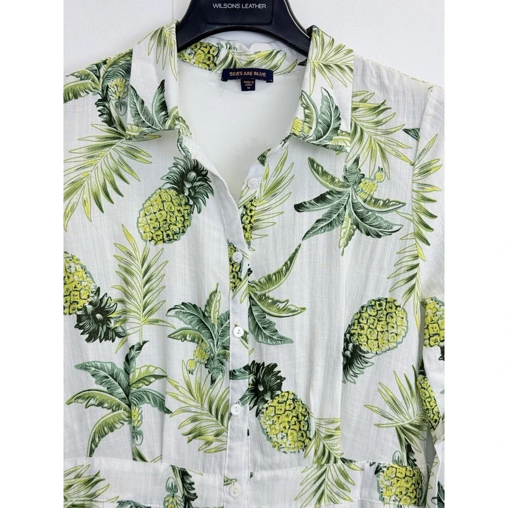 Skies Are Blue Women's Size M Pineapple‎ Leaves Print Dress Roll-up Sleeve Lined - Picture 2 of 9